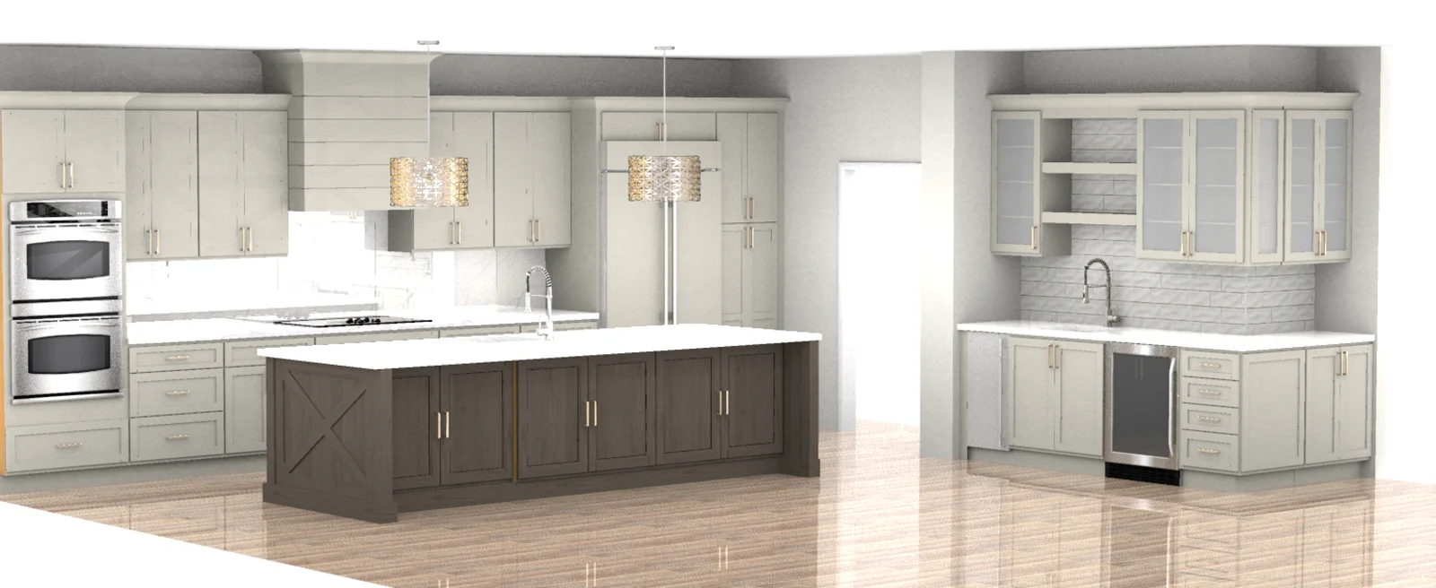 A ProKitchen 3D software rendering of a custom kitchen designed by Doug MacGeorge of Mac Kitchens